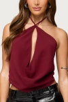 Edikted Cowl Neck Open Back Halter Chiffon Top In Burgundy