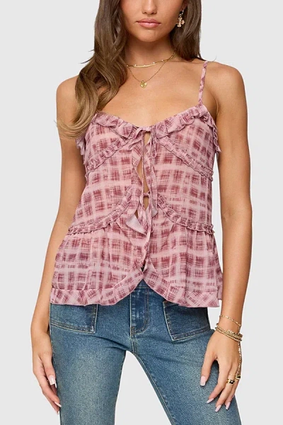 Edikted Chiffon Printed Tie Front Ruffle Top In Pink