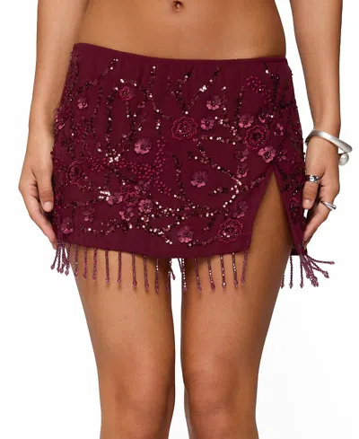 Edikted Chiffon Sequin Bead Fringed Mini Skirt In Burgundy