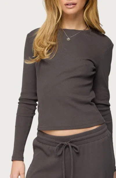 Edikted Cicilia Long Sleeve Cotton Blend Rib T-shirt In Gray
