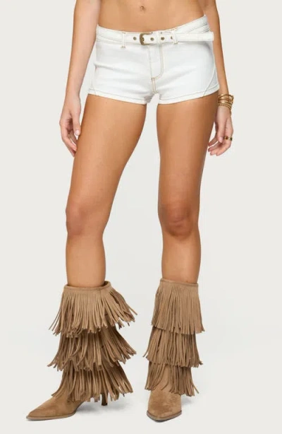 Edikted Ciel Belted Low Rise Denim Micro Shorts In White