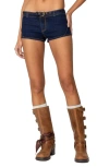 Edikted Ciel Belted Low Rise Denim Micro Shorts In Dark-blue