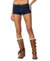 Edikted Ciel Belted Low Rise Denim Micro Shorts In Dark-blue
