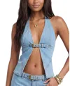 Edikted Ciel Split Front Denim Halter Top In Blue