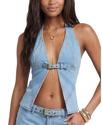 Edikted Ciel Split Front Denim Halter Top In Blue