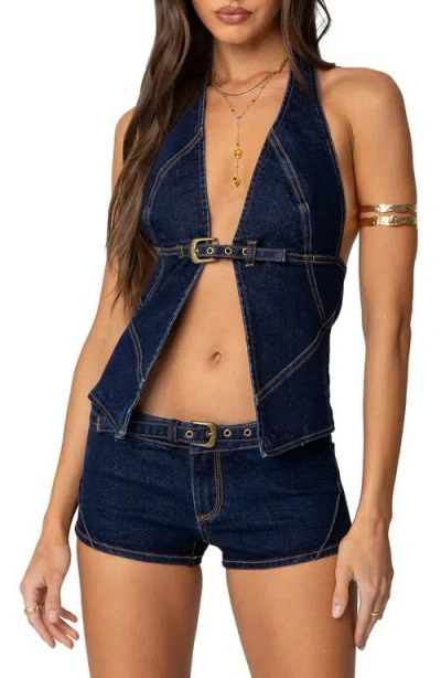 Edikted Ciel Split Front Denim Halter Top In Dark-blue