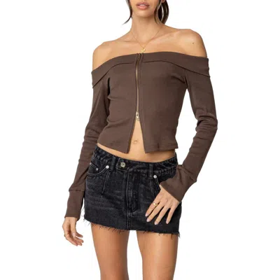 Edikted Clarissa Off The Shoulder Long Sleeve Rib Top In Brown