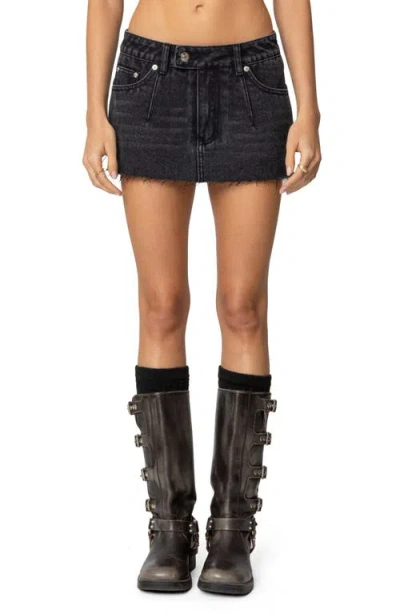 Edikted Clementine Low Rise Raw Hem Denim Miniskirt In Black-washed