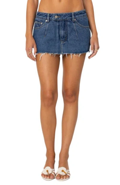 Edikted Clementine Low Rise Raw Hem Denim Miniskirt In Blue