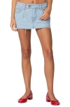 Edikted Clementine Low Rise Raw Hem Denim Miniskirt In Light-blue