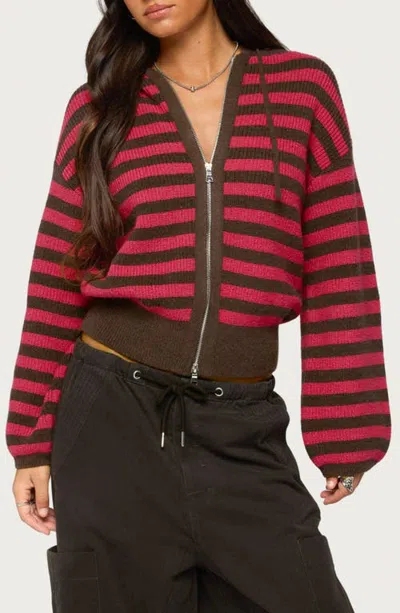 Edikted Cluny Striped Knit Zip Hoodie In Red