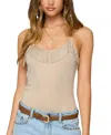 Edikted Colbie Faux Suede Fringe Trim Bodysuit In Neutral