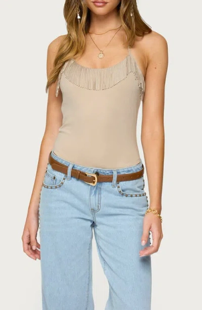 EDIKTED EDIKTED COLBIE FAUX SUEDE FRINGE TRIM BODYSUIT