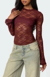 Edikted Colette Sheer Lace Bodysuit In Burgundy