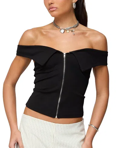 Edikted Foldover Off The Shoulder Zip-up Top In Black