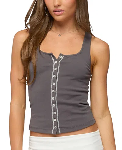 Edikted Contrast Button Up Ribbed Tank Top In Gray