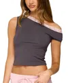 Edikted Contrast Lace Asymmetric Off Shoulder Top In Dark/gray, Women's At Urban Outfitters In Gray