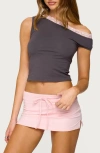 Edikted Contrast Lace Asymmetric Off Shoulder Top In Dark/gray, Women's At Urban Outfitters In Black