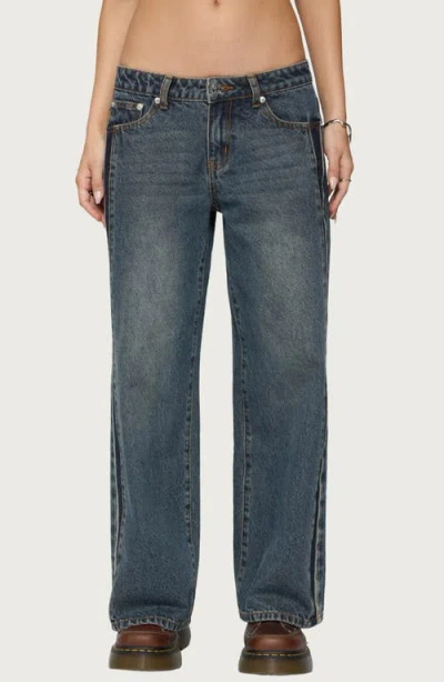 Edikted Petite Contrast Panel Low Rise Dark Rinse Wash Jeans In Blue