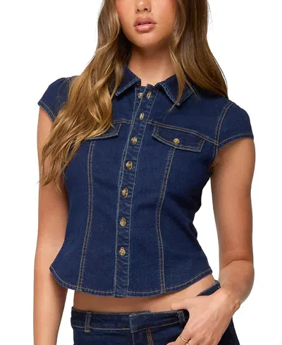 Edikted Contrast Stitch Button-up Denim Shirt In Blue