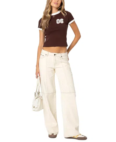 Edikted Contrast Stitch Wide Leg Jeans In Cream