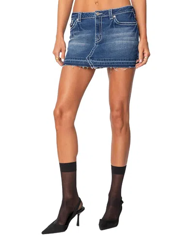 Edikted Contrast Stitch Washed Denim Mini Skirt In Dark Blue