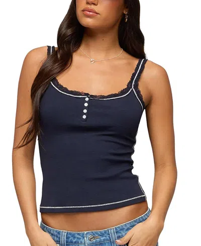 Edikted Contrast Stitched Lacey Henley Top In Blue