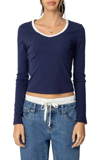 Edikted Contrast Trim Long Sleeve T-shirt In Navy