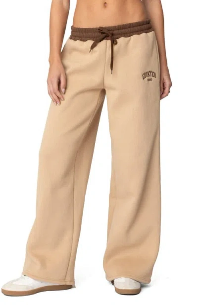 Edikted Contrast Waist Logo Wide Leg Sweatpants In Camel