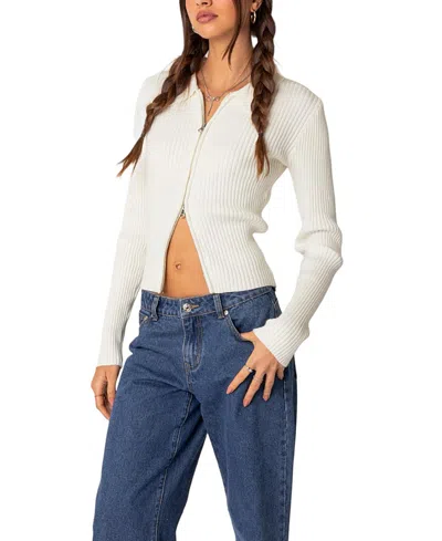 Edikted Cora Rib Zip Front Cardigan In Cream