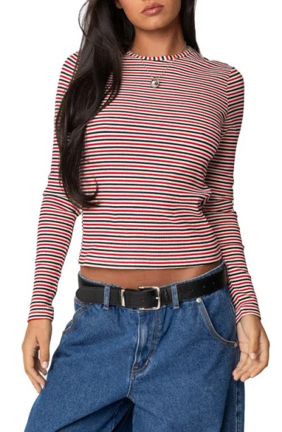 Edikted Corina Stripe Rib Top In Red Mix