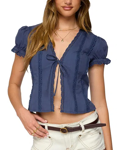 Edikted Cotton Lacey Tie Front Top In Blue