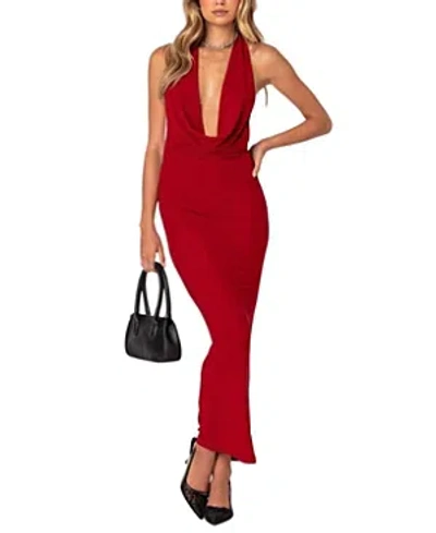 Edikted Cowl Neck Open Back Maxi Dress In Red