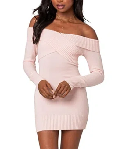 Edikted Crossover Long Sleeve Off The Shoulder Sweater Minidress In Light Pink