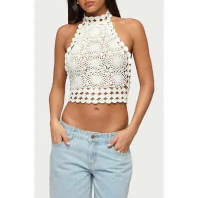 Edikted Backless Crochet High Neck Halter Top In White