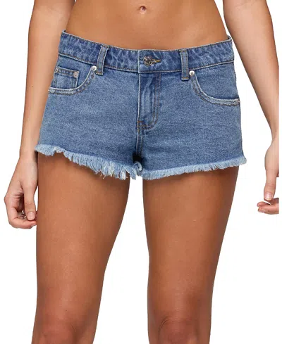 Edikted Crochet Pockets Low Rise Denim Micro Shorts In Blue