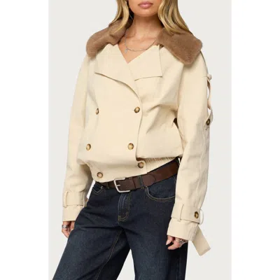 Edikted Crop Cotton Trench Coat With Removable Faux Fur Collar In Neutral