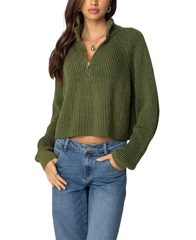 Edikted Cropped Rib Knit Half Zip Sweater In Olive