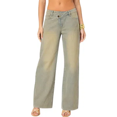 Edikted Crossover Waist Wide Leg Jeans In Blue-washed