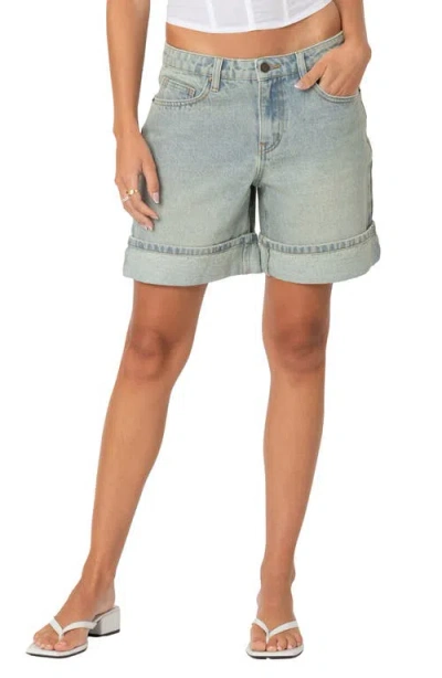 Edikted Cuff Washed Denim Bermuda Shorts In Light-blue