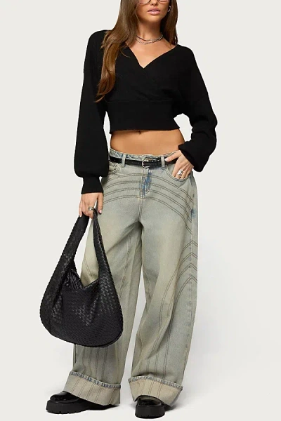Edikted Cuffed Low Rise Wide Leg Jean In Blue/vintage/washed, Women's At Urban Outfitters In Black