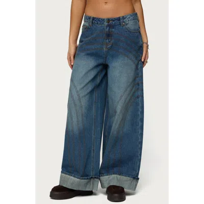 Edikted Cuffed Seamed Low Rise Baggy Jeans In Blue
