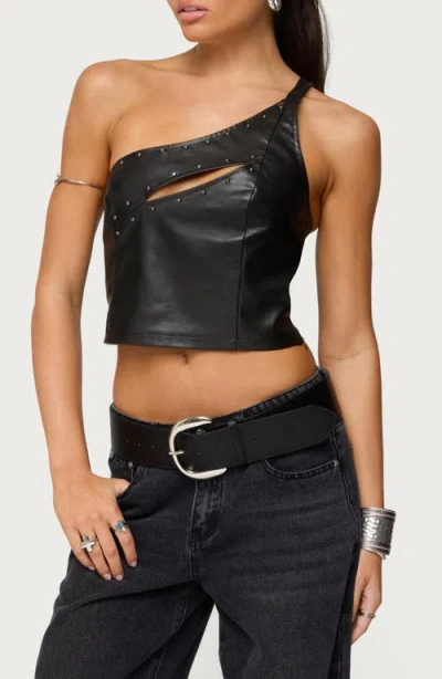 Edikted Cutout One-shoulder Faux Leather Crop Top In Black