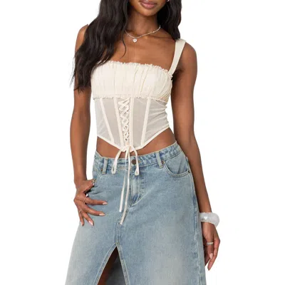 Edikted Dafne Shirred Bust Sheer Mesh Corset Top In Beige