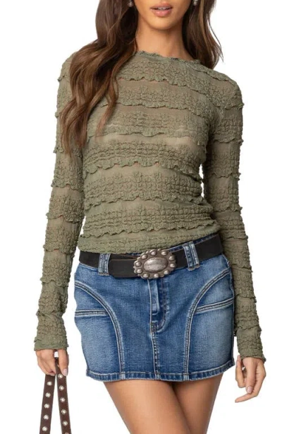 Edikted Daisey Textured Sheer Lace Top In Olive