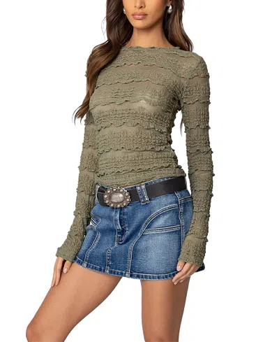 Edikted Daisey Textured Sheer Lace Top In Olive