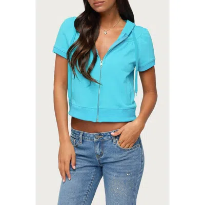 Edikted Daisi Short Sleeve Zip Hoodie In Turquoise