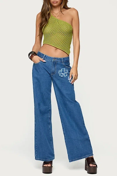 EDIKTED DALEY ASYMMETRIC ONE SHOULDER CROCHET TOP IN GREEN, WOMEN'S AT URBAN OUTFITTERS