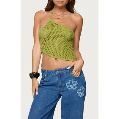 Edikted Daley Asymmetric One-shoulder Sheer Crop Top In Green
