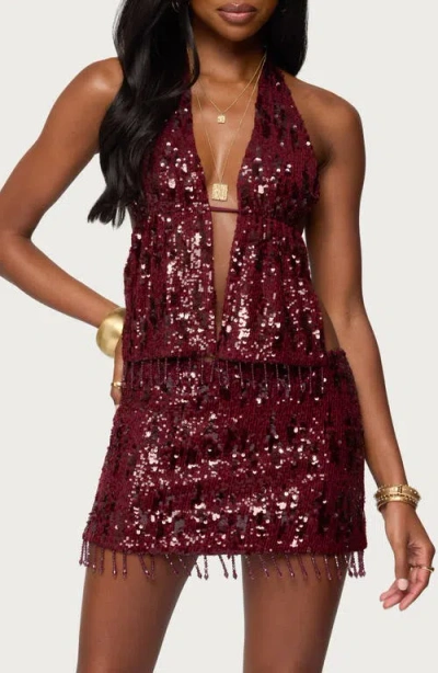 Edikted Dalis Fringe Sequin Halter Top In Burgundy